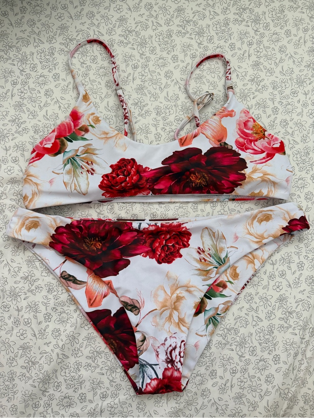 Floral Two-Piece Bikini Set - Red & Cream